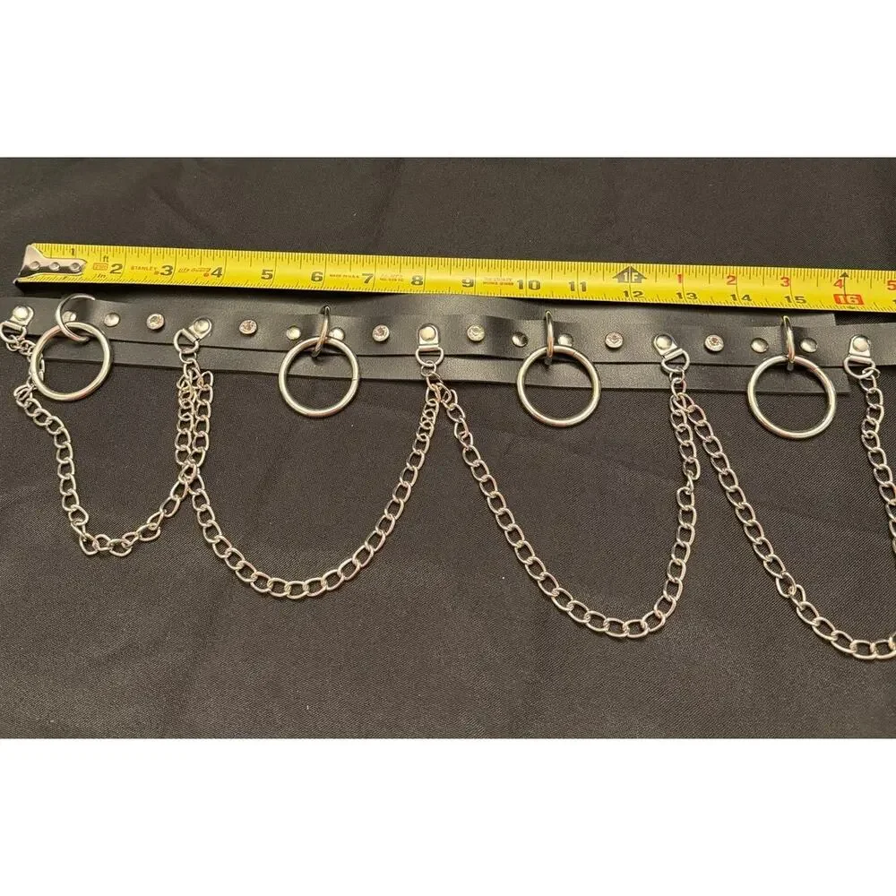 NWOT Y2K Punk Goth Faux Leather O-Ring Chain Black Belt Studs & Rhinestones, 36